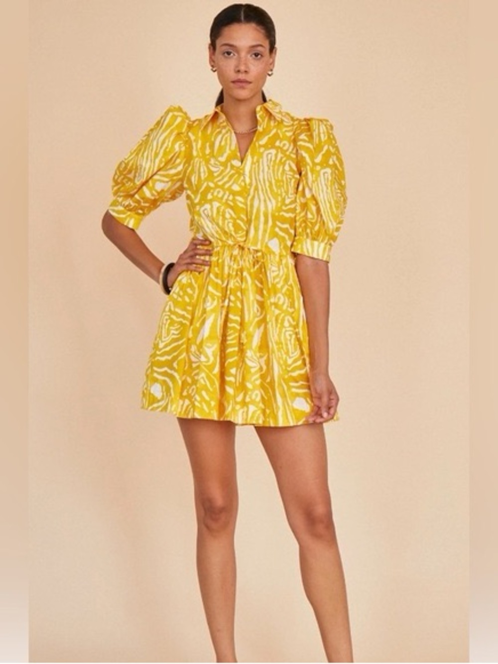 HUNTER BELL Yellow Printed Puff-Sleeve Mini Dress